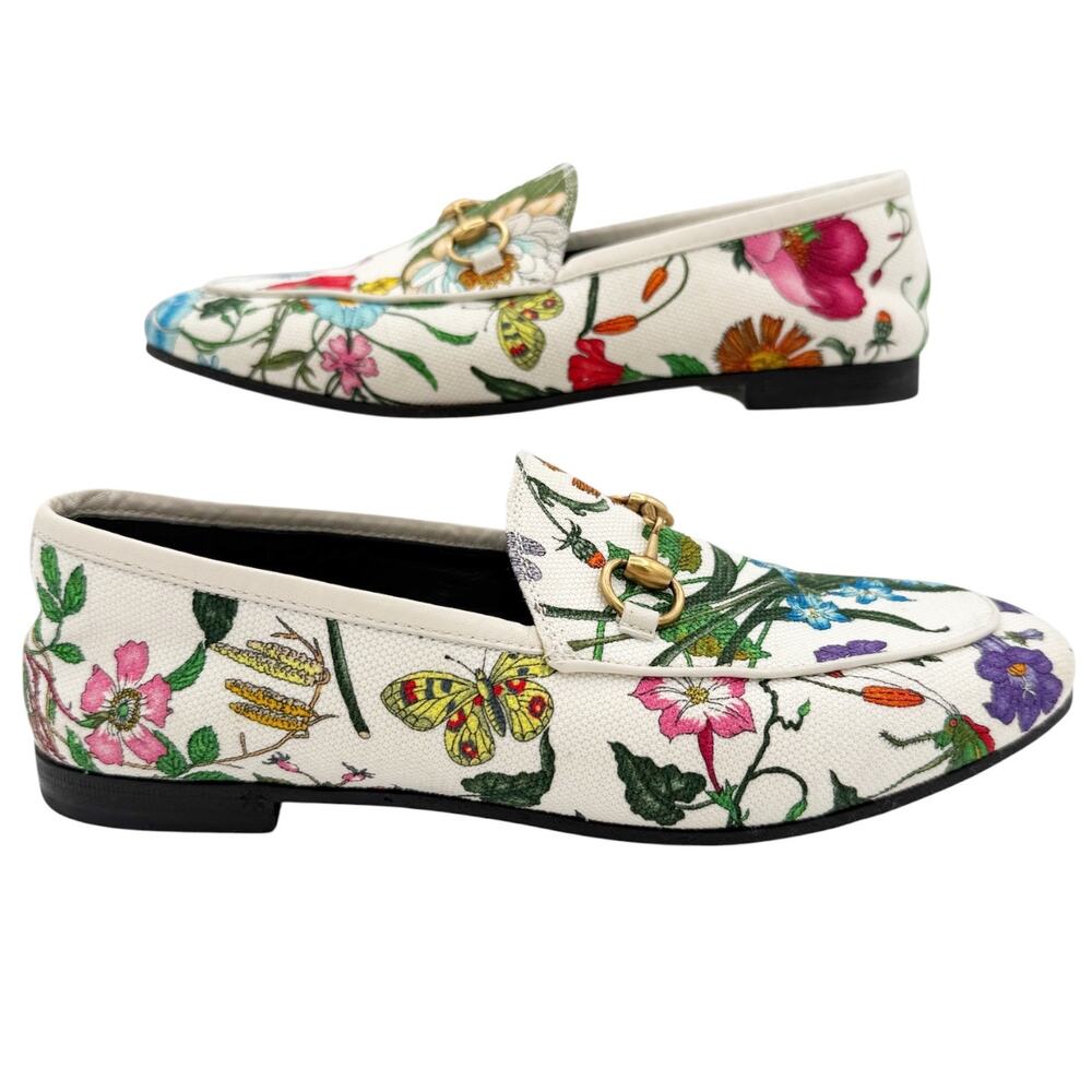 Gucci Jordaan Horsebit Loafer Cream White Floral Canvas Size 37 US 7 Flat Shoe - Picture 8 of 15